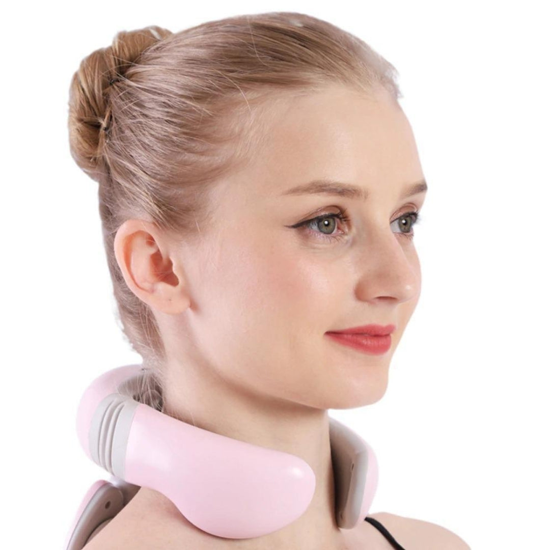 A woman wearing a pink 4D neck massager on a white background.