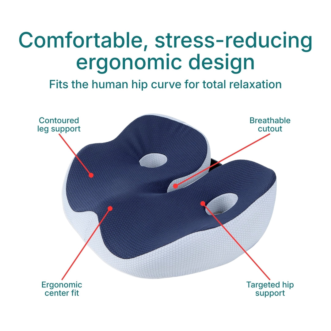 An infographic showing different points highlighting the features and sections of a adjustable memory foam seat cushion.