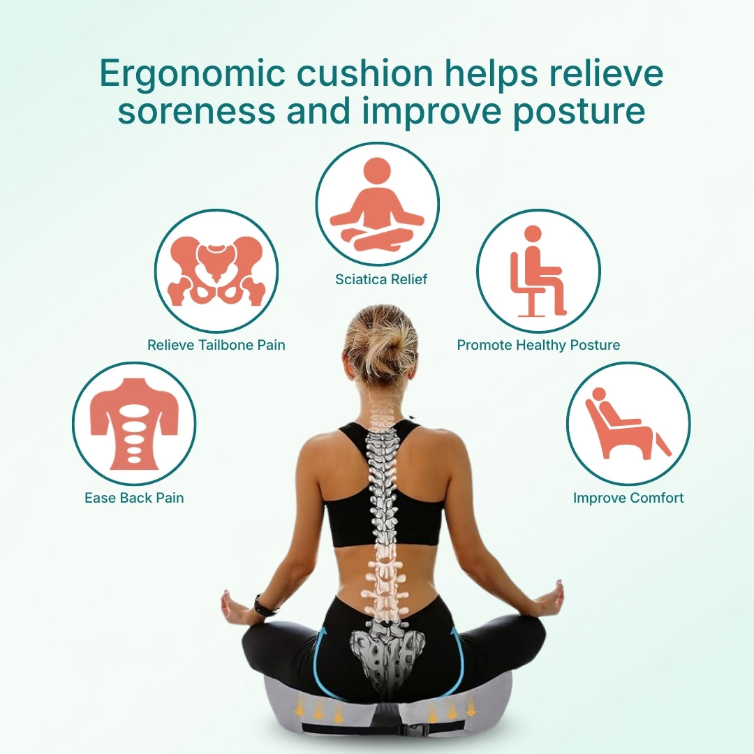 An infographic showing a woman using a adjustable memory foam seat cushion, with circles showing the different benefits of the product.