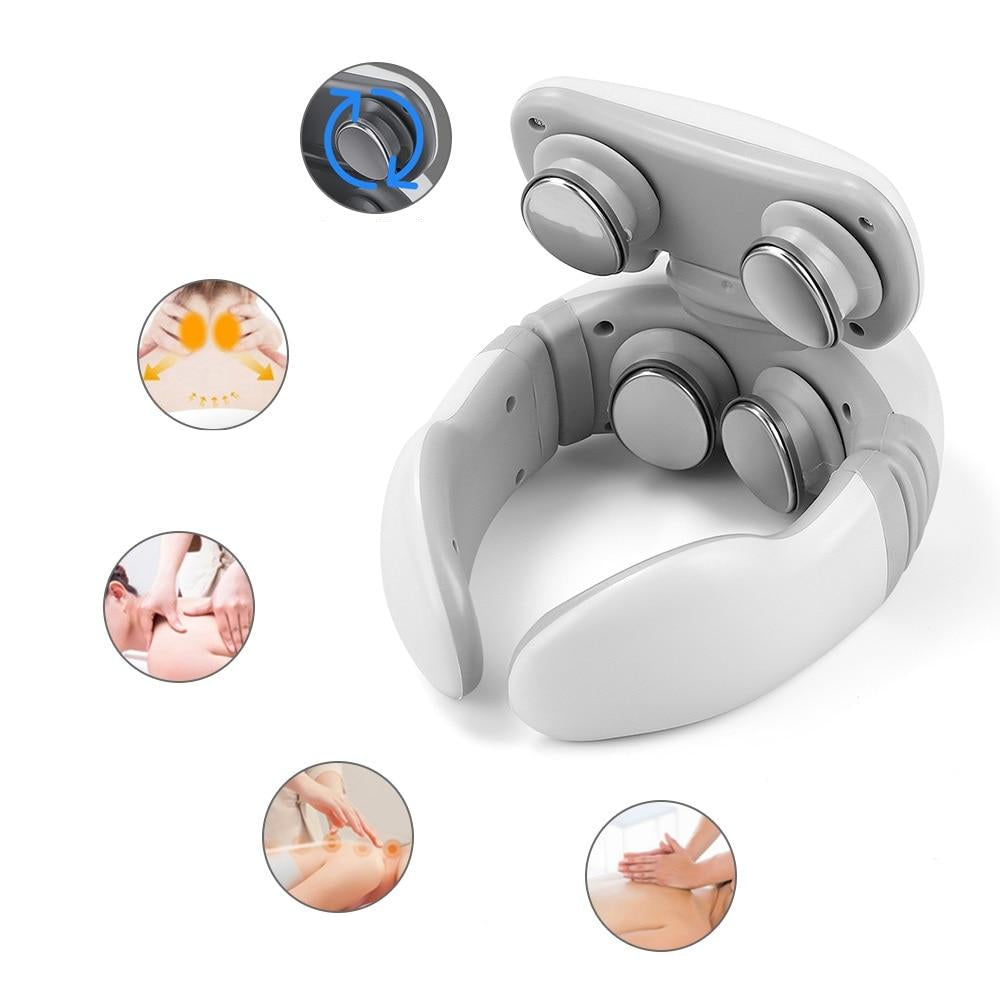 A close up on a white 4D neck massager on a white background, with circles showing the different features and massage modes.