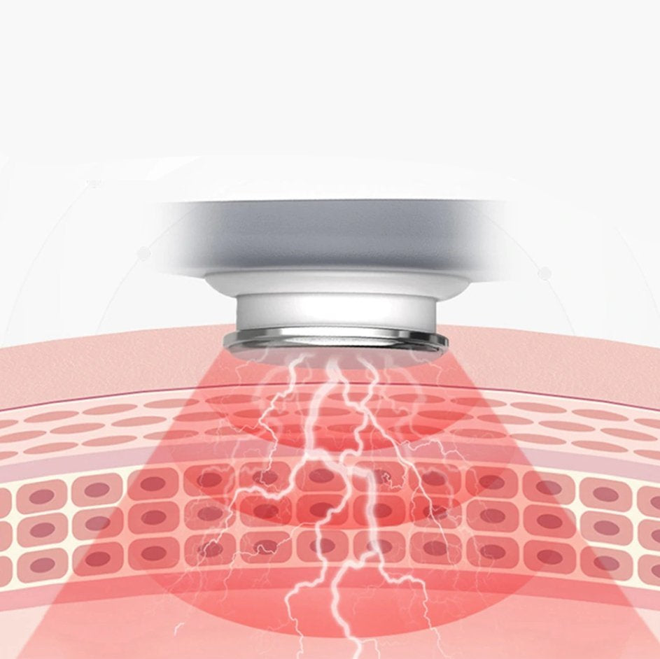 A close up on a node of the white 4D neck massager relieving pain on deeper layers of the skin.