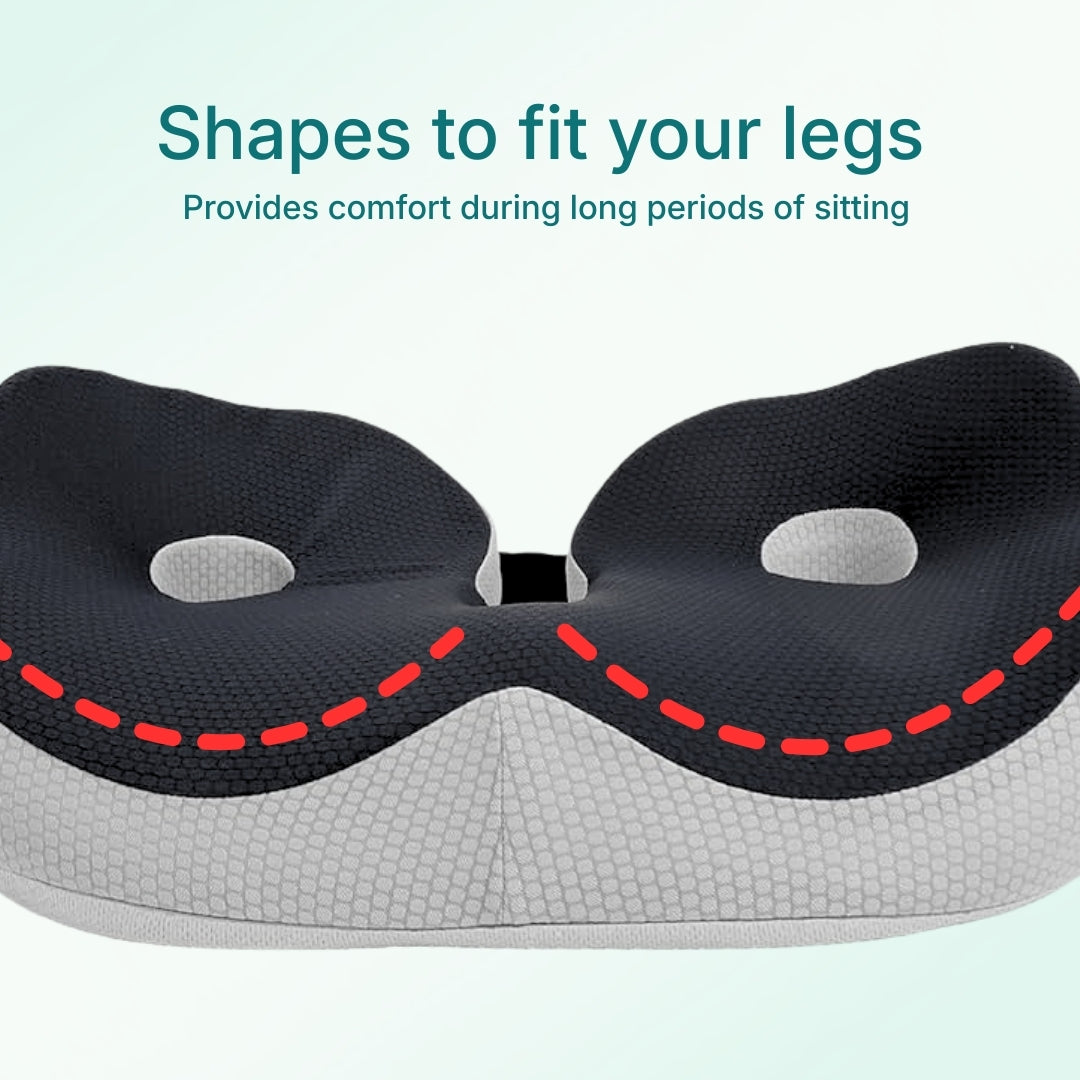 A close up of a a adjustable memory foam seat cushion, highlighting its ergonomic curve design.