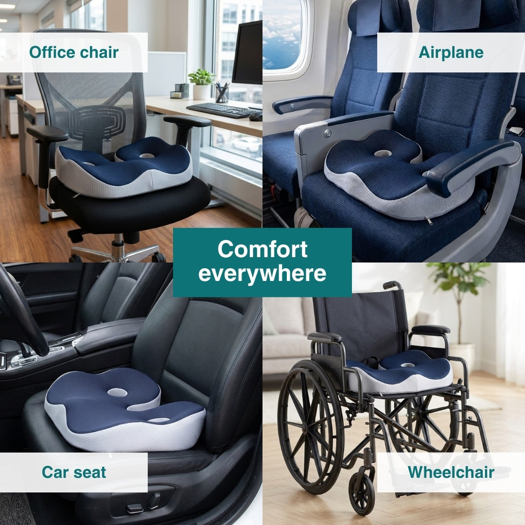 A collage showing different places that a adjustable memory foam seat cushion can be used.