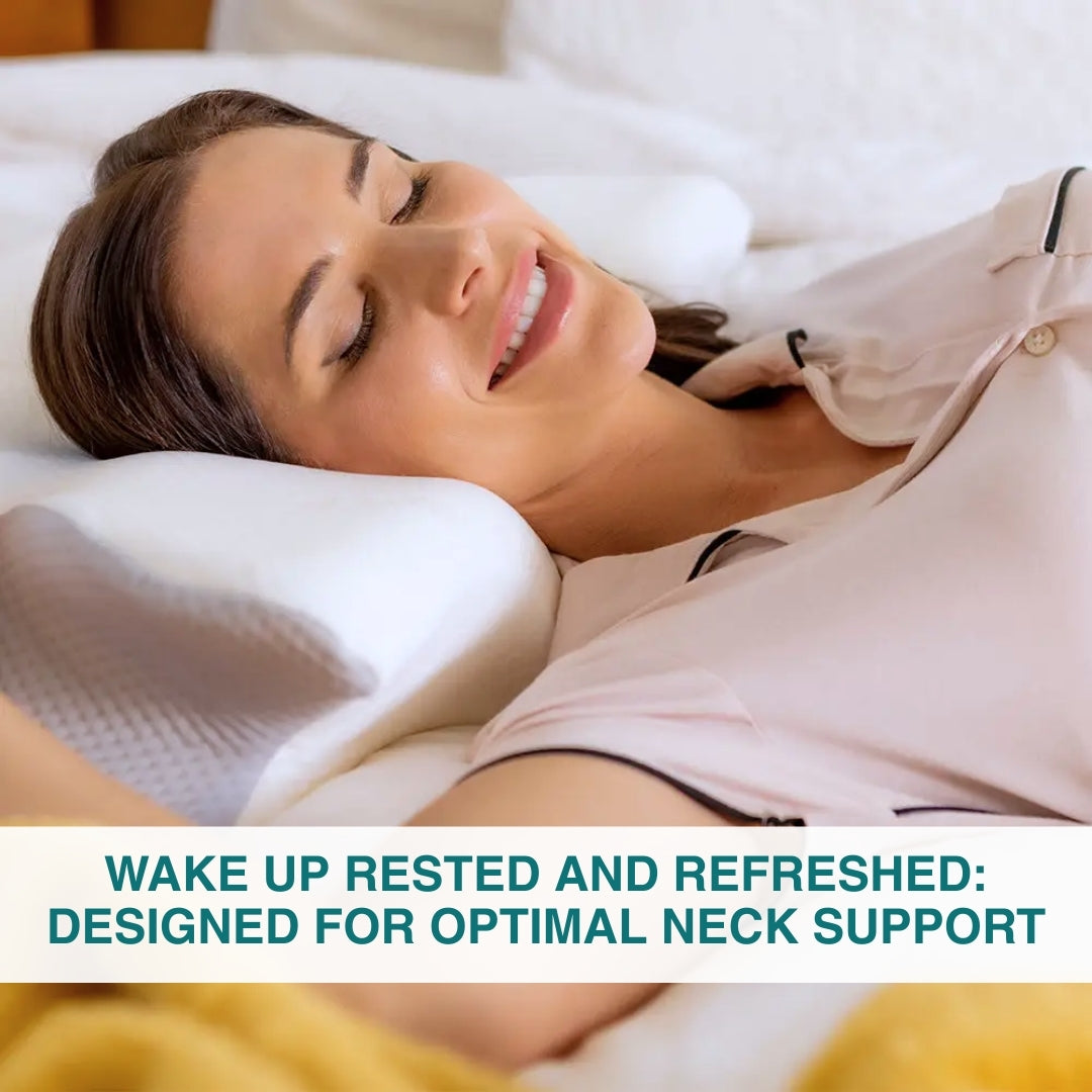 A dark haired woman sleeping on a white ergonomic memory foam pillow, with text discussing the benefits of using it.