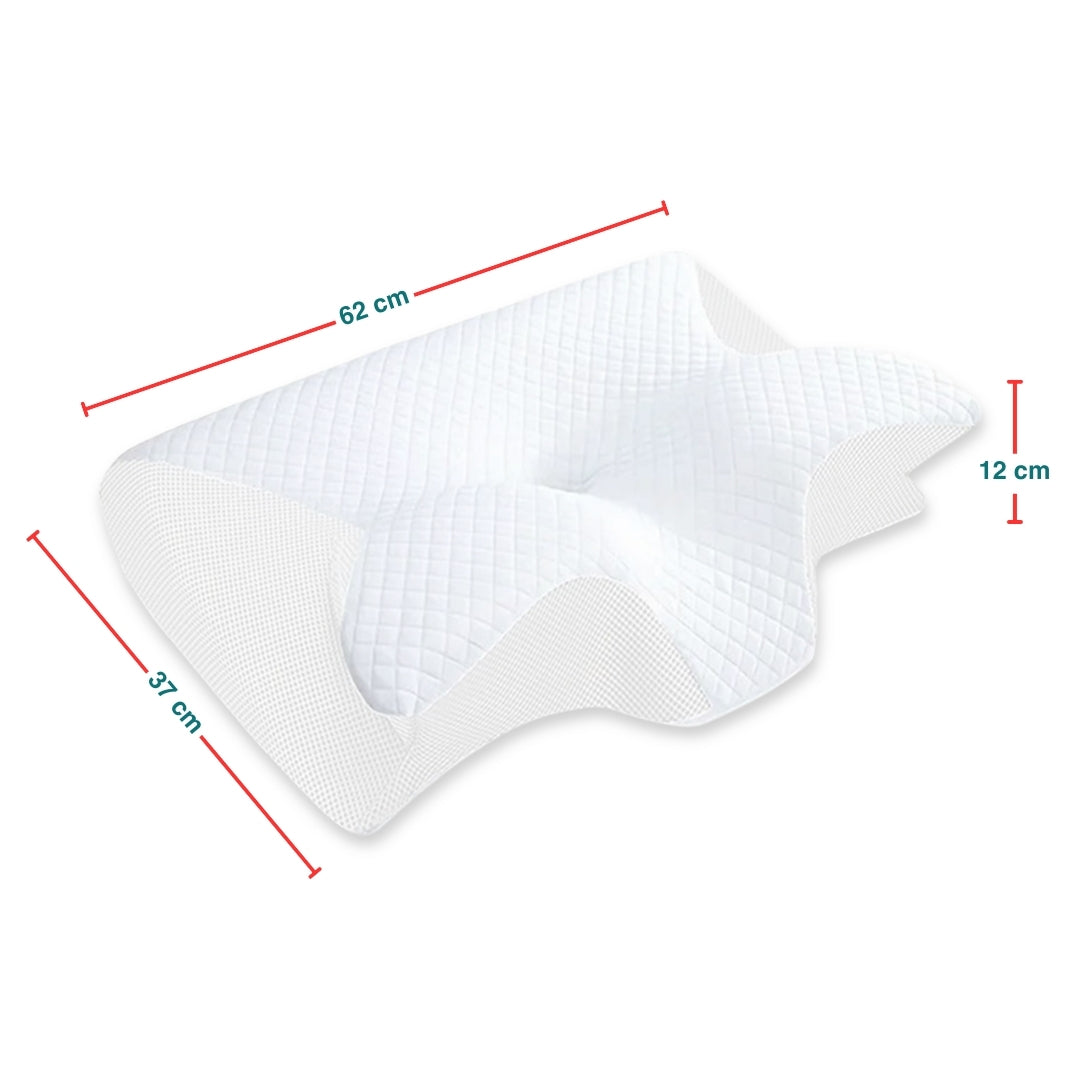 An image showing the dimensions of a white ergonomic memory foam pillow.