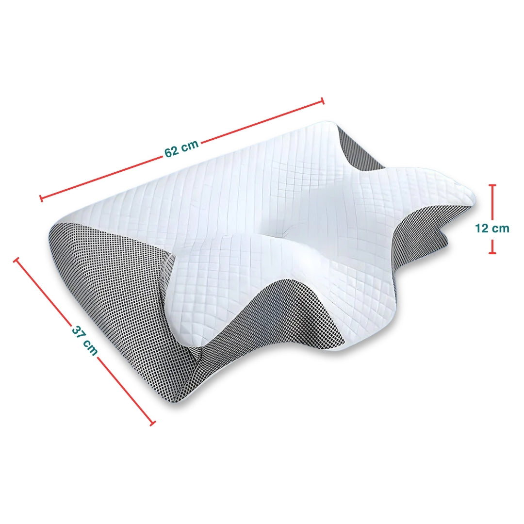 An image showing the dimensions of a white and gray ergonomic memory foam pillow.