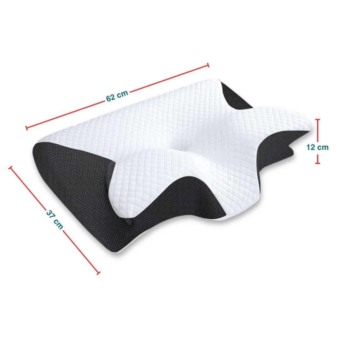 An image showing the dimensions of a black and white ergonomic memory foam pillow.