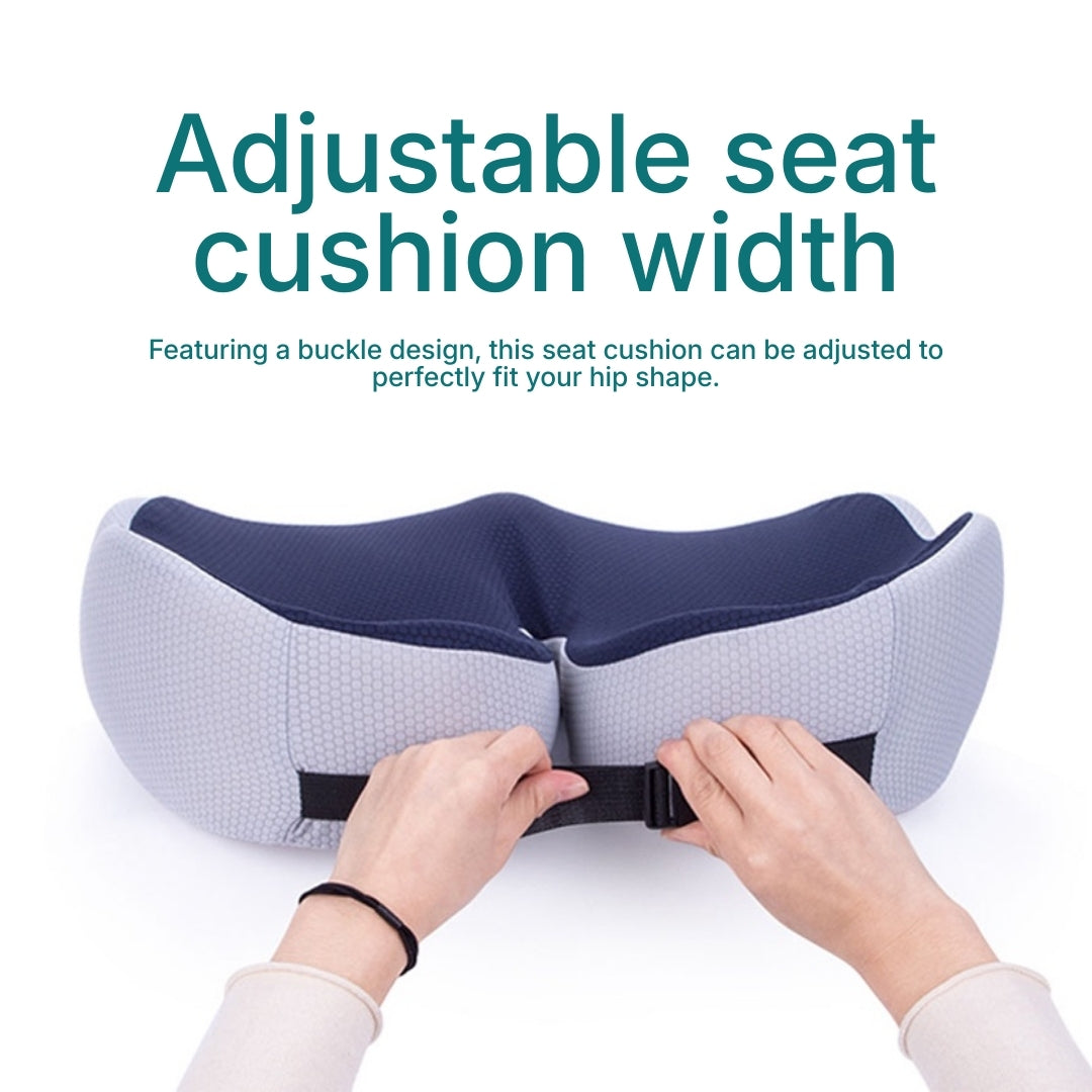 An infographic showing a person adjusting the straps on a adjustable memory foam seat cushion. 