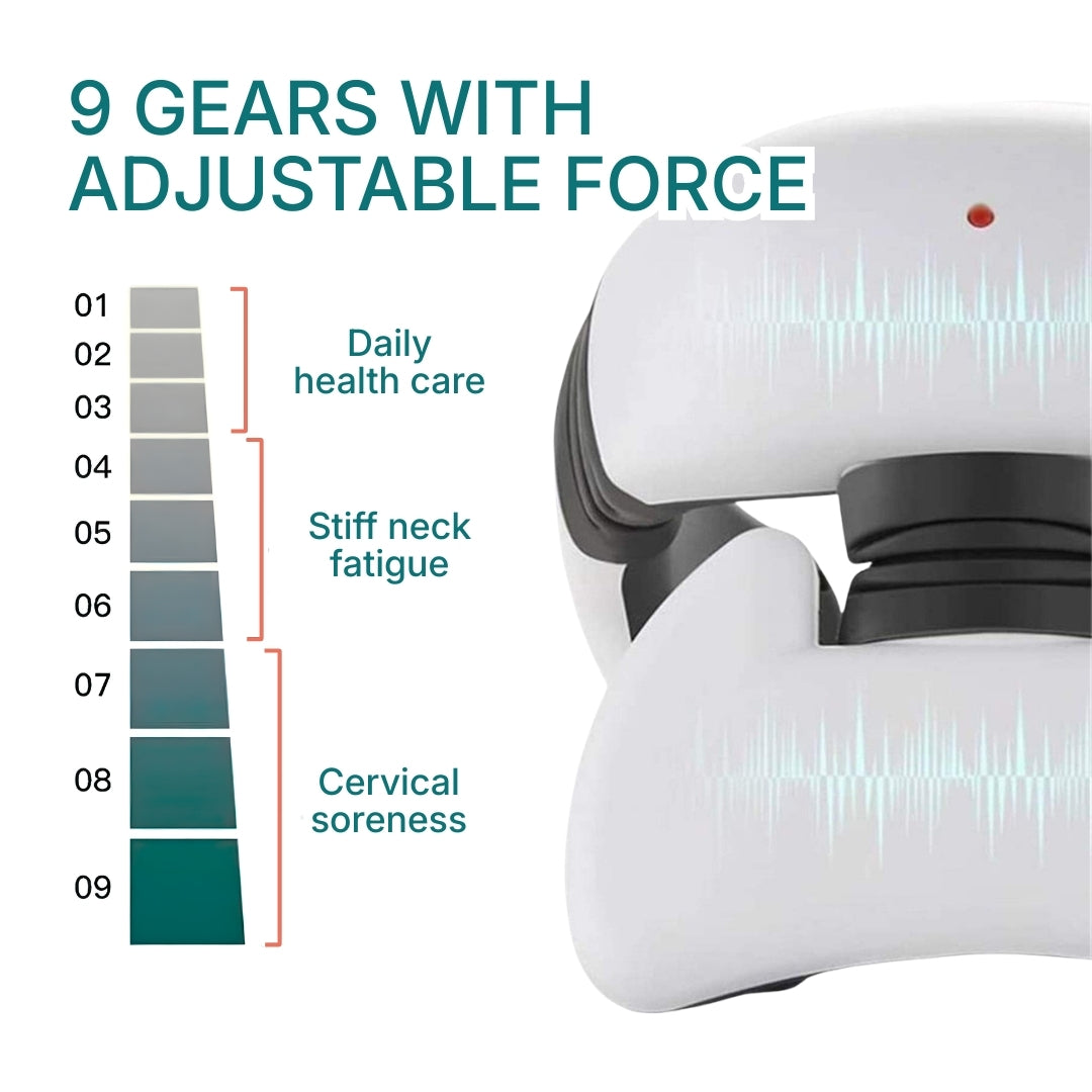 An infographic showing the nine different levels of pain that a 4D neck massager may help ease.