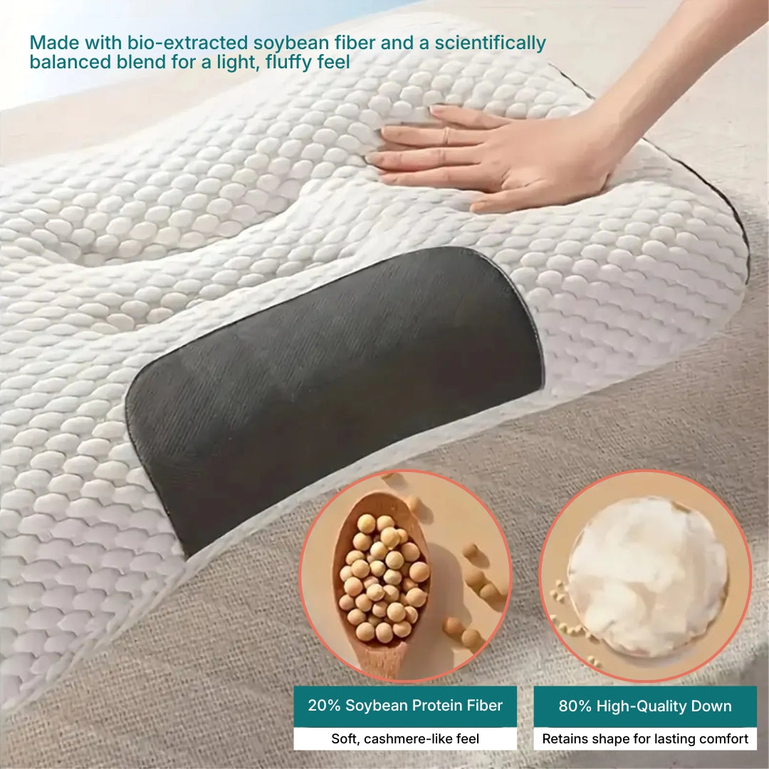 An image showing a hand on an ergonomic cervical support pillow for side sleepers, highlighting its soybean, quality down materials.