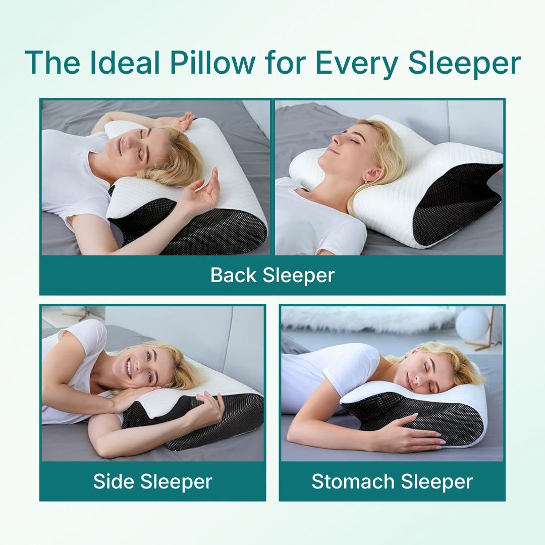 A collage of images showing the different ways an ergonomic memory foam pillow can be used with different sleeping positions.