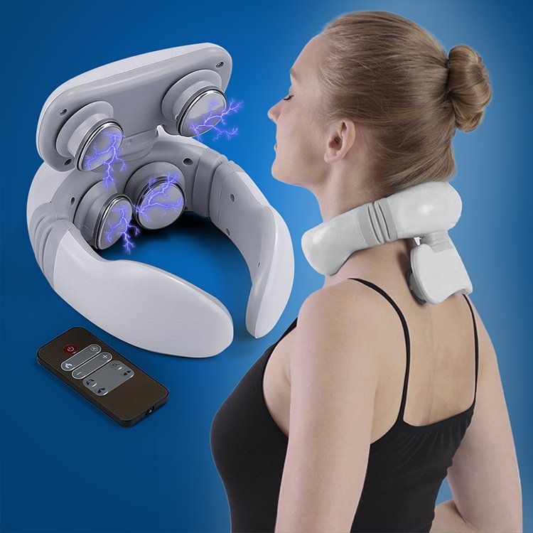 A woman wearing a white D neck massager on a blue background.