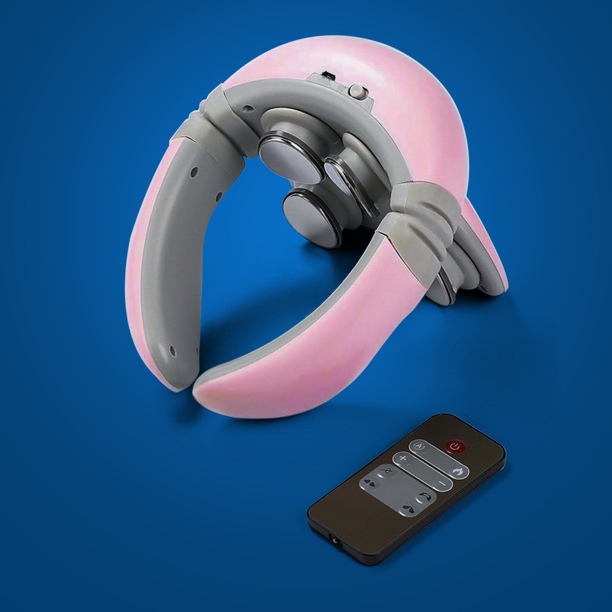 A pink 4D neck massager with its remote for different modes on a blue background.
