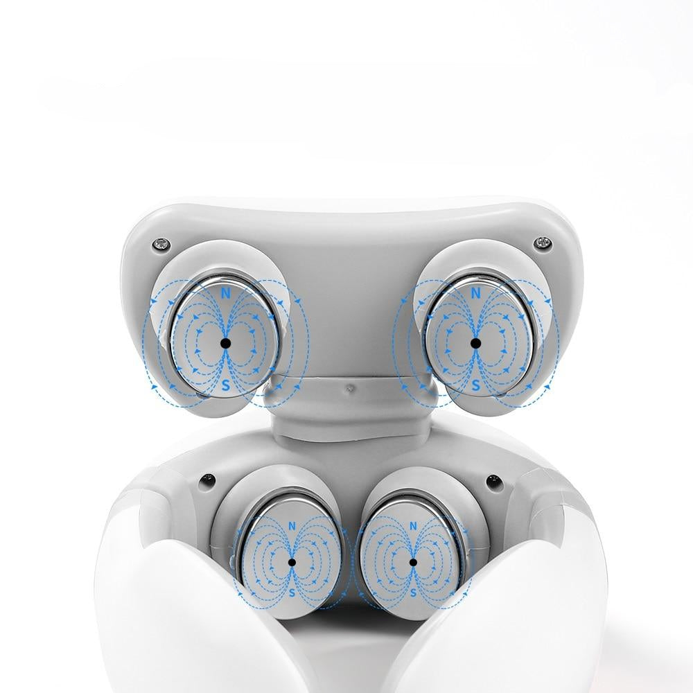 A close up on a white 4D neck massager's massaging nodes on a white background.