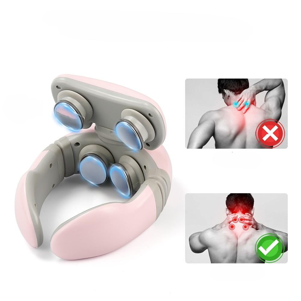 A pink 4D neck massager with two rectangular images showing how its massager nodes may ease back pain.