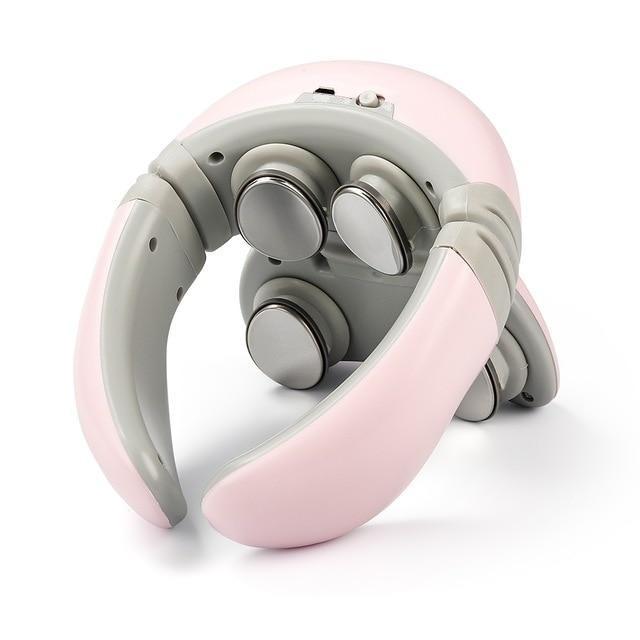 A close up of a pink 4D neck massager on a white background. 