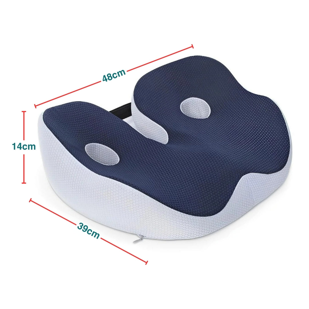 An image showing the dimensions of a adjustable memory foam seat cushion.