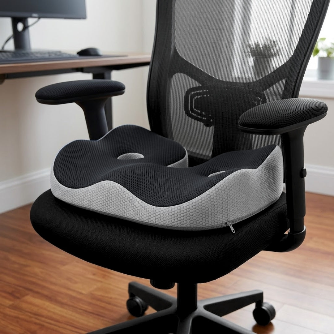 An image showing a black office chair seat with a a adjustable memory foam seat cushion on top.