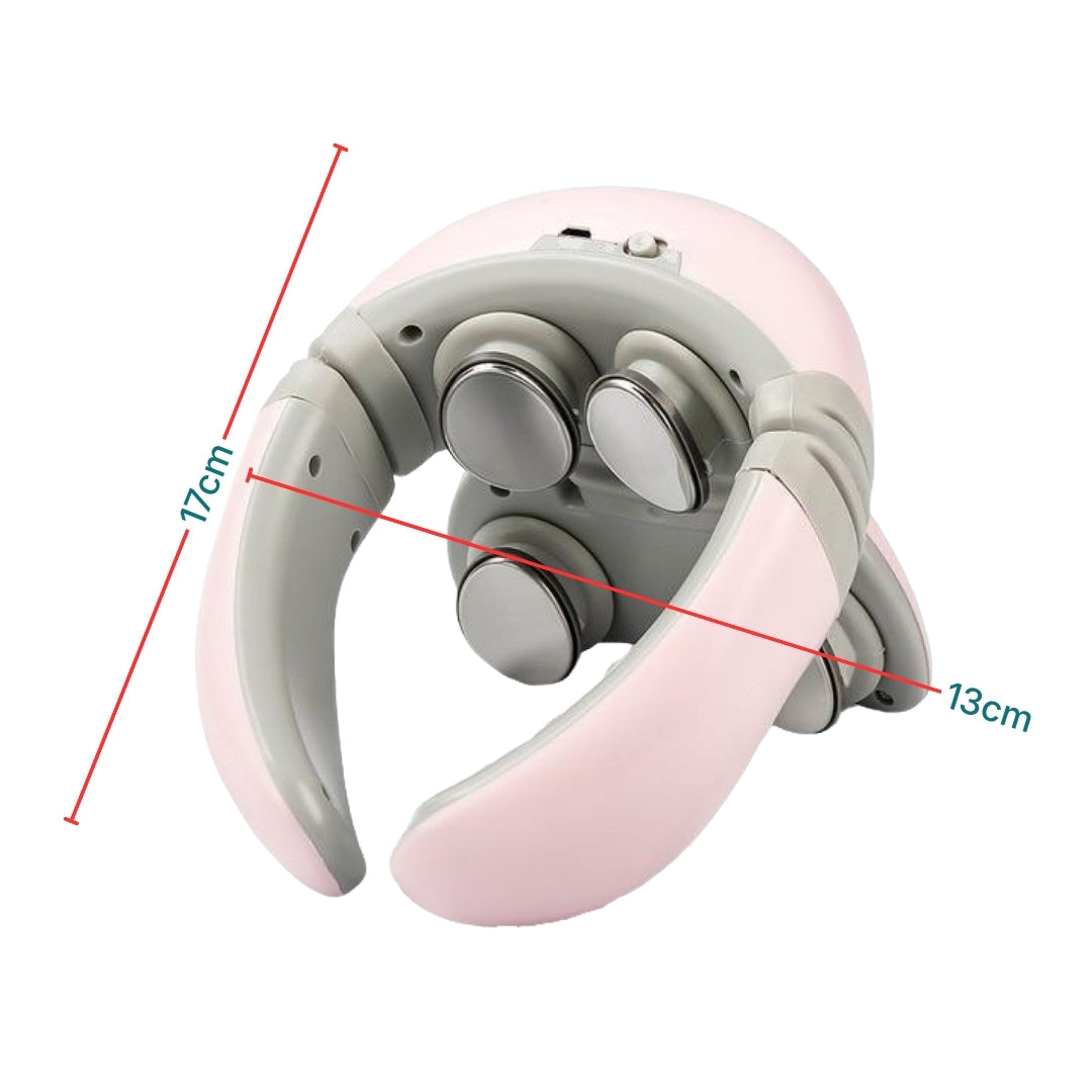 A pink 4D neck massager with its dimensions on a white background.
