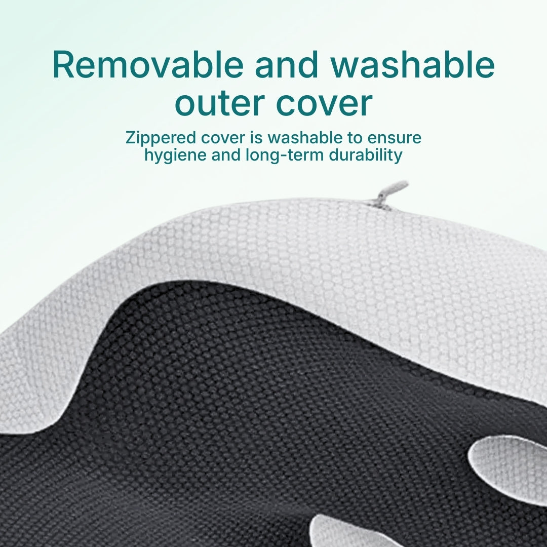 A close up of a a adjustable memory foam seat cushion, showing the removable zipper and washable cover.