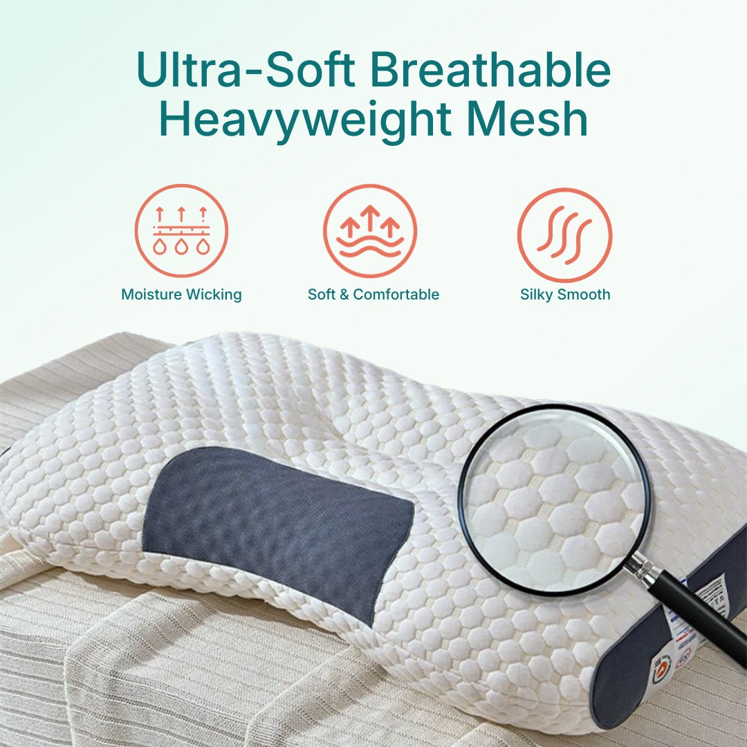 An infographic showing an ergonomic cervical support pillow for side sleepers, highlighting three of its key features and benefits.