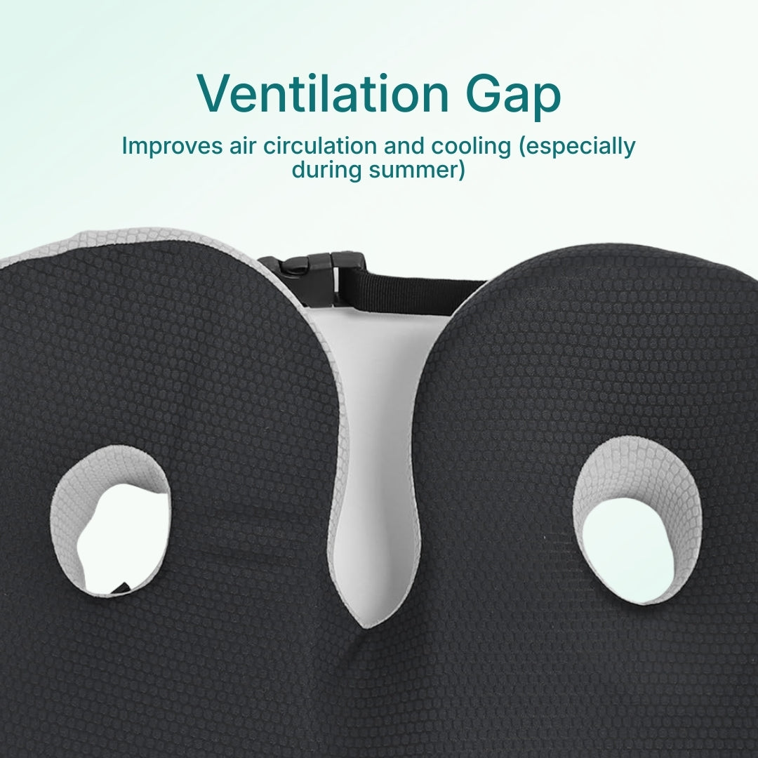 A close up of a a adjustable memory foam seat cushion, showing the ventilation gap in between the foam sections.