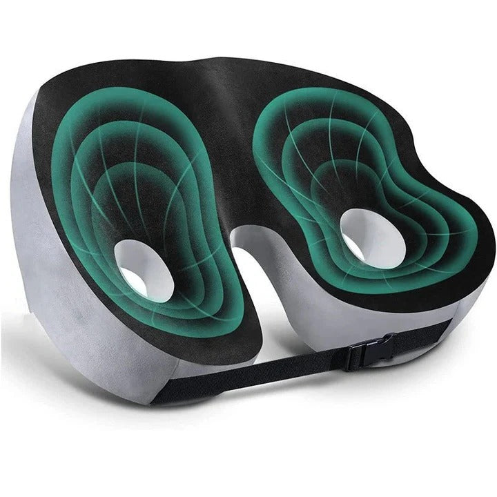 An image showing a blackadjustable memory foam seat cushion, highlighting the cushion zones.