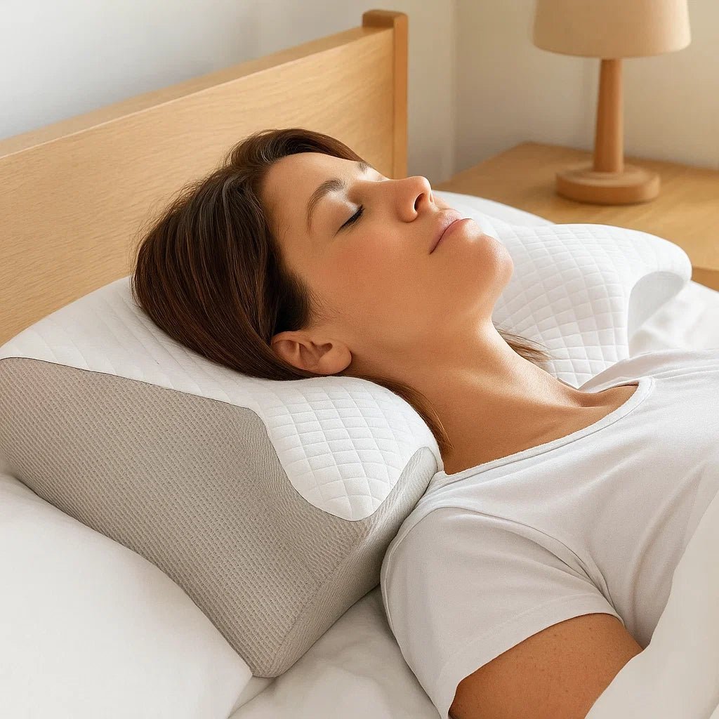 A woman sleeping on top of an ergonomic memory foam pillow.